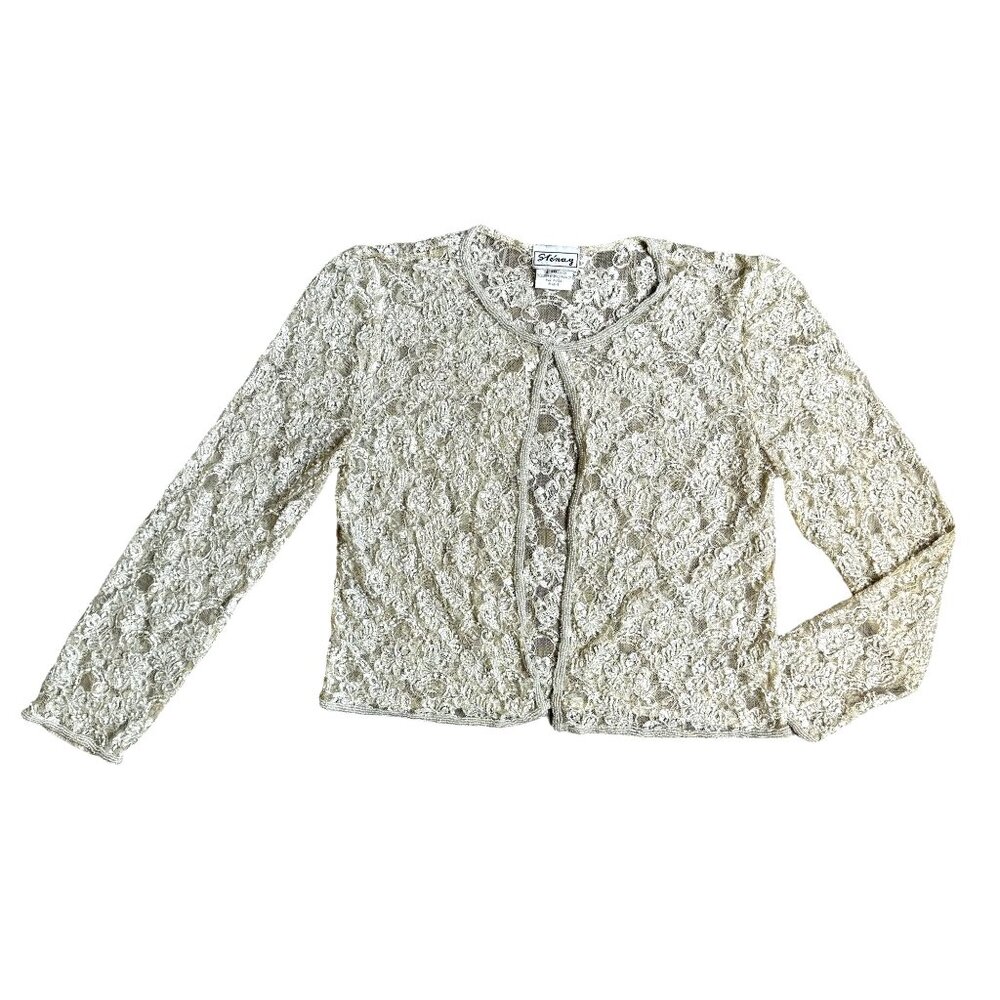 Vintage Stenay Lace Sheer Beaded Open Jacket Womens‎ Embroidered Fairy Cream